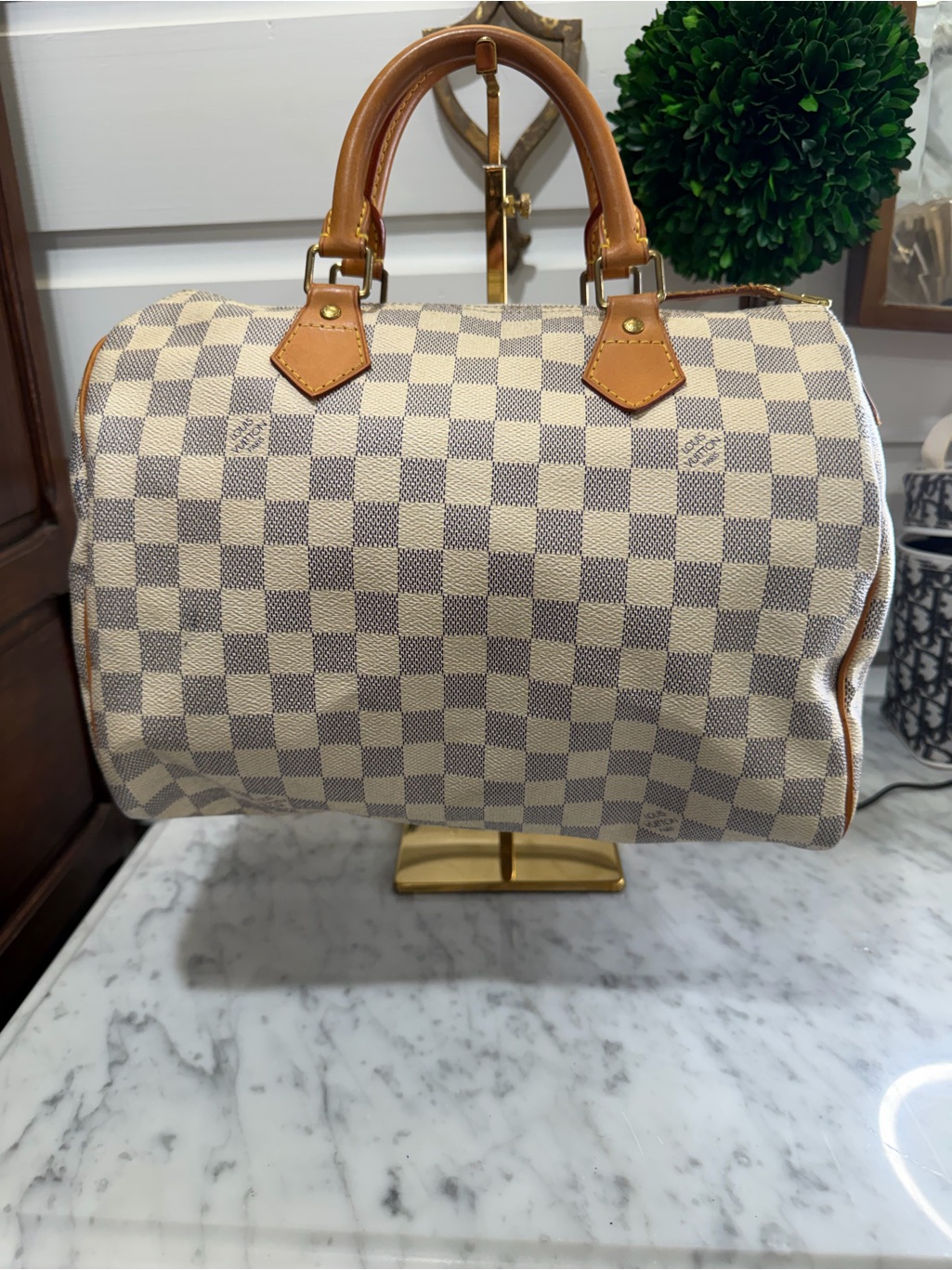 Louis Vuitton Speedy35 Damier Azur Canvas Tote With Tan Leather